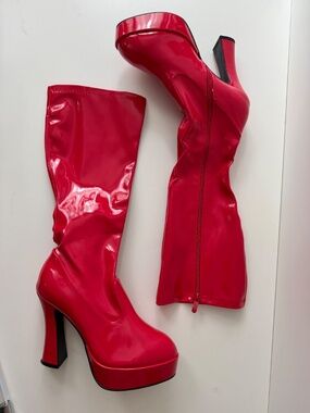 ELLIE SHOES Red Patent ChaCha 5" Platform Knee High Stretch Boots Size 11 w/ Box